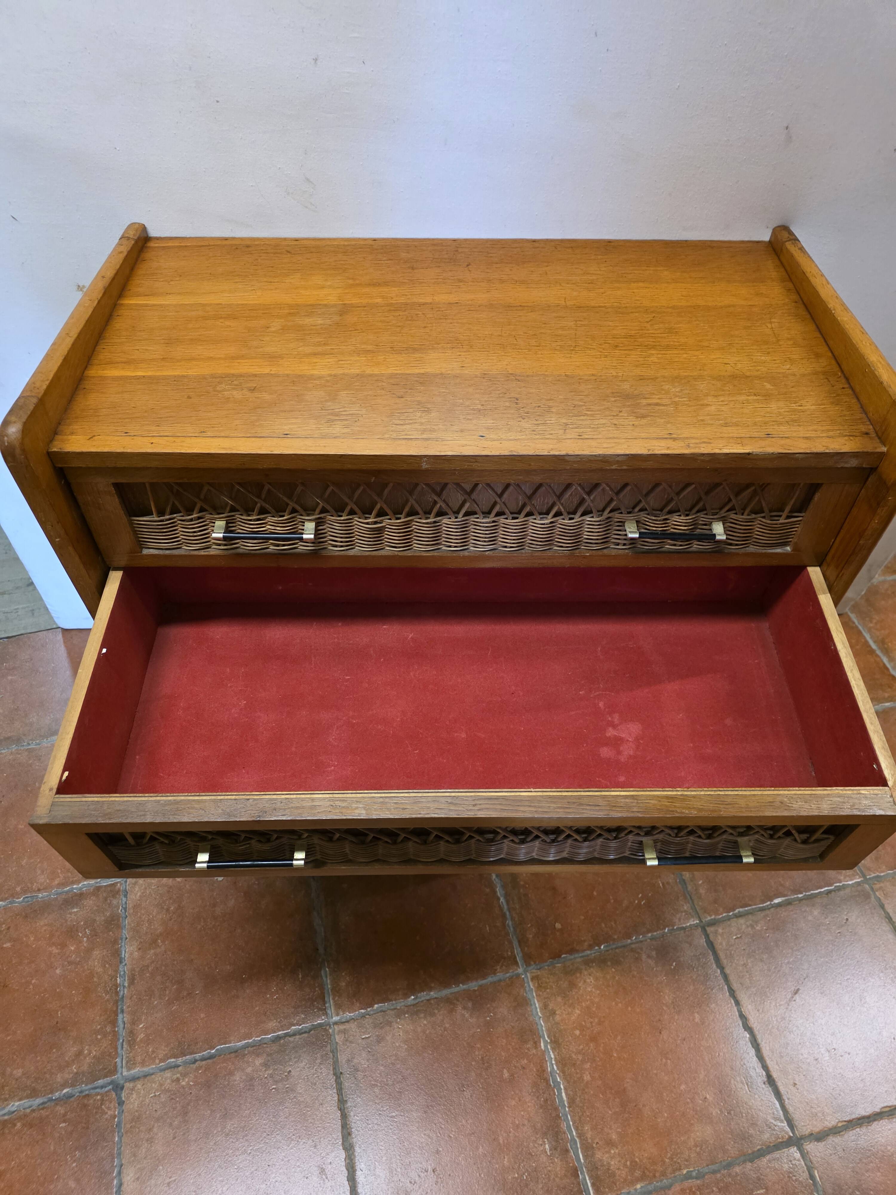 Commode vintage rotin et chêne des années 60