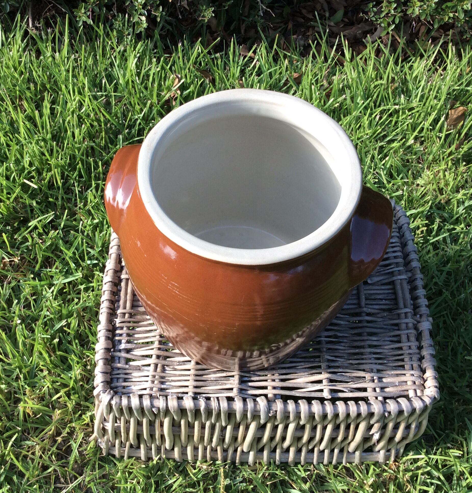 Old large confit pot, glazed sandstone grease