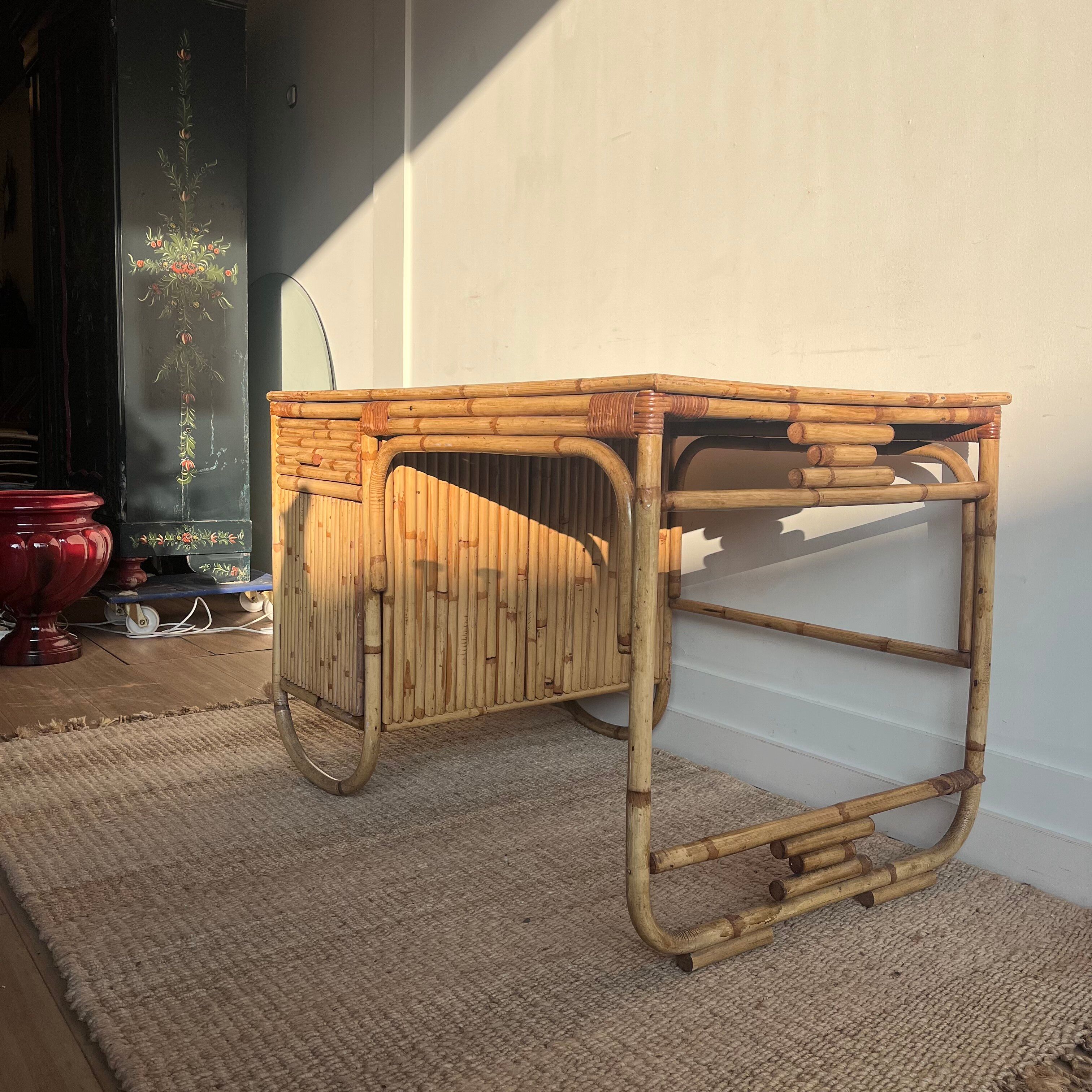 Mid-Century Vintage Bamboo Rattan Desk