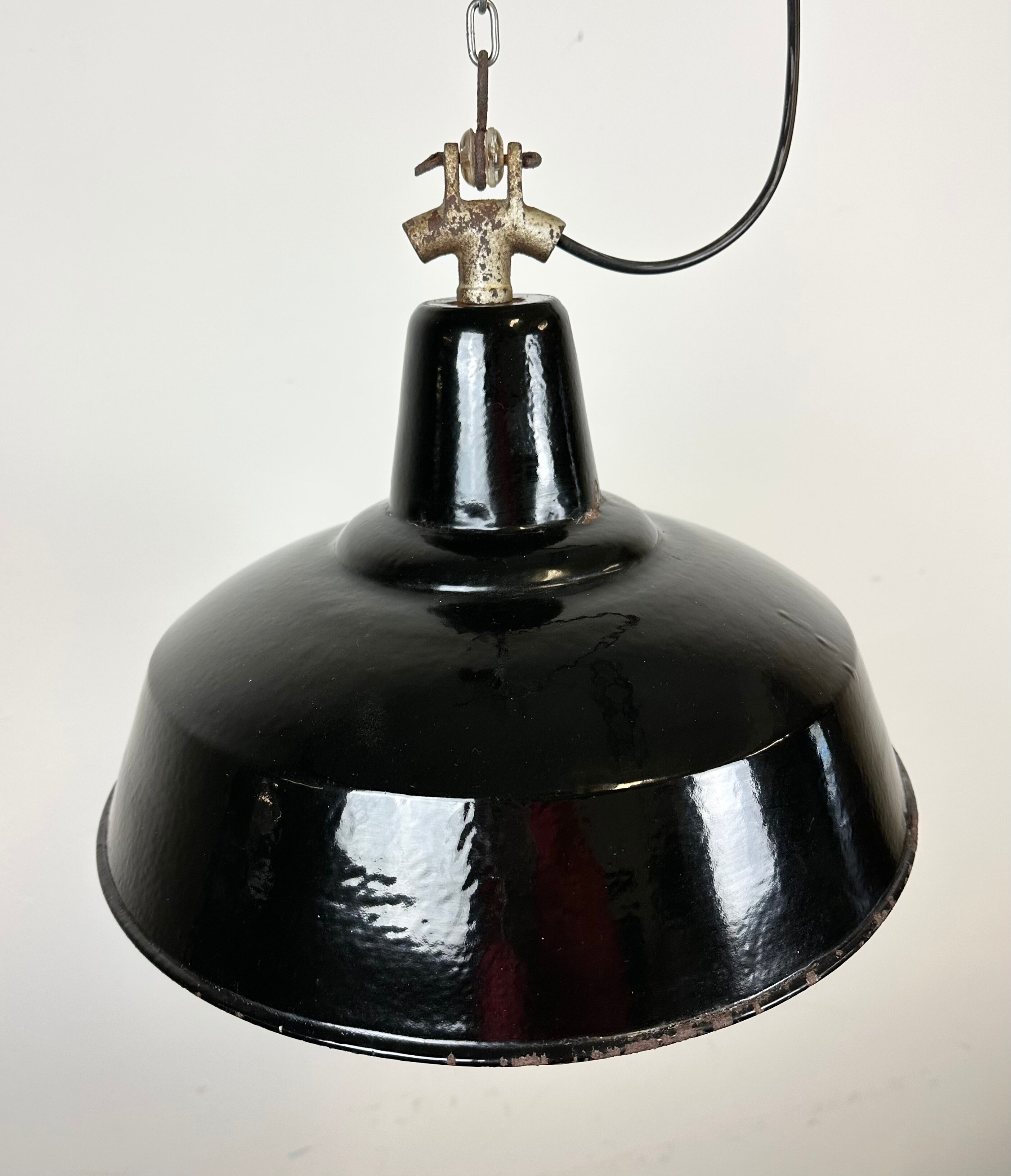 Industrial Black Enamel Factory Lamp with Cast Iron Top, 1950s