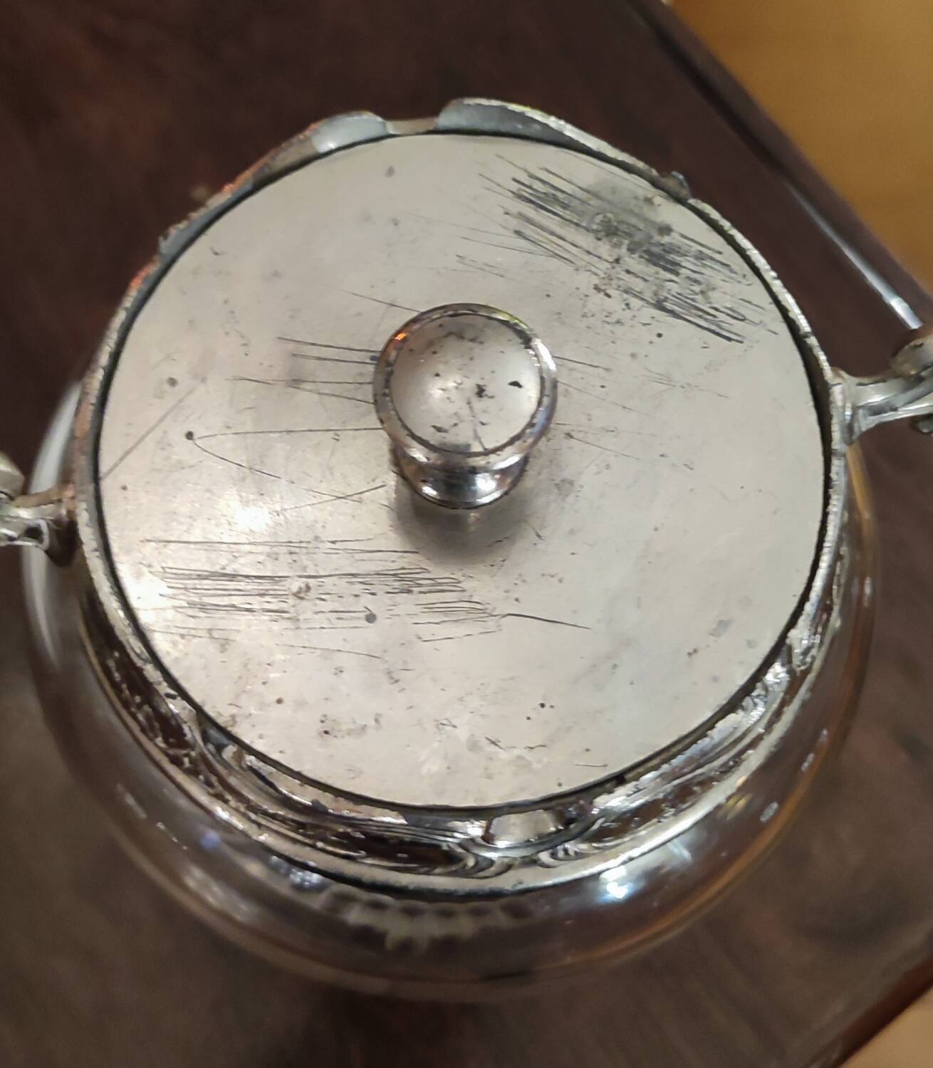Antique silver metal and glass cookie jar/sugar bowl