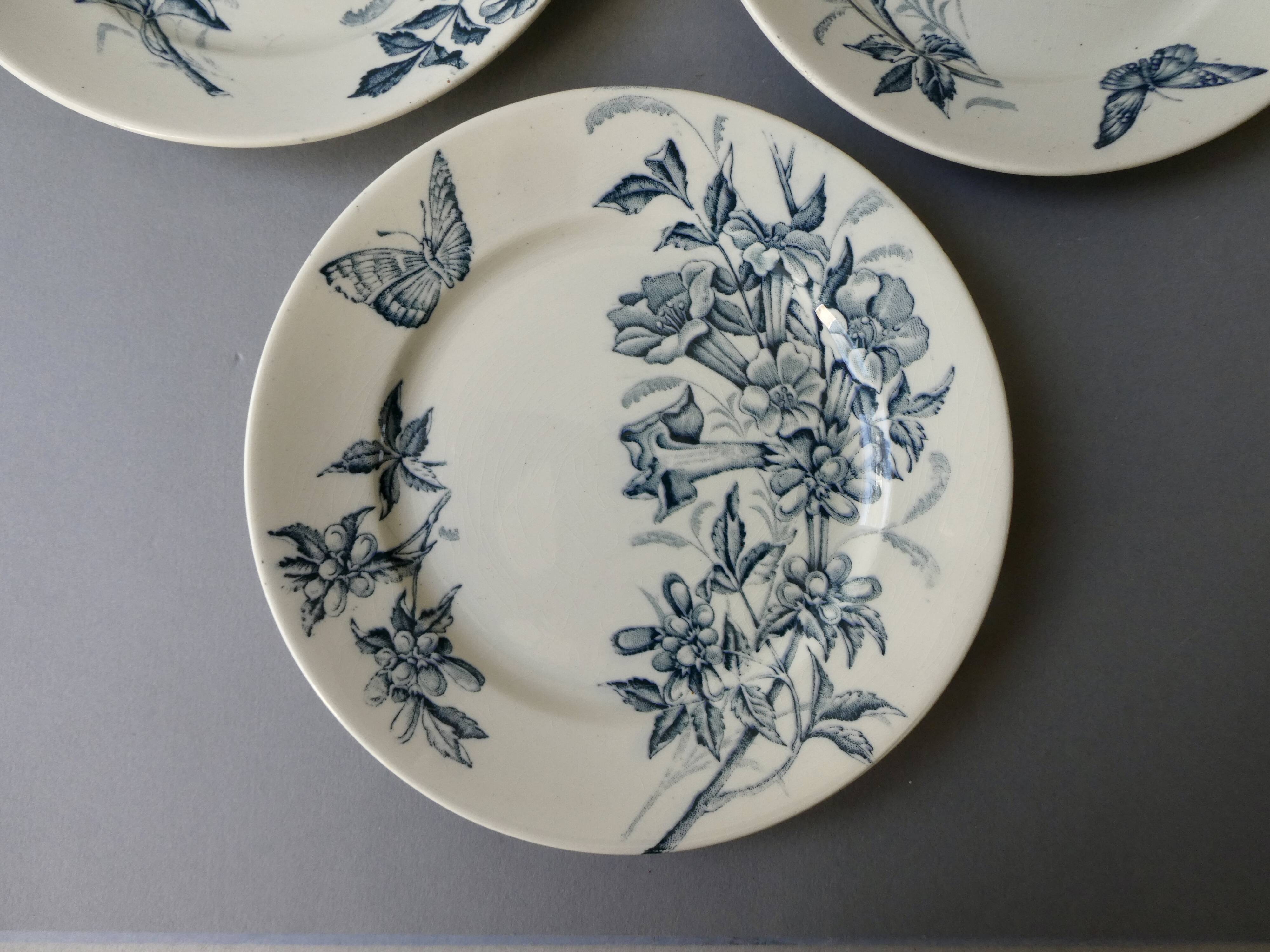 3 ironstone plates Badonviller France, flowers, butterflies