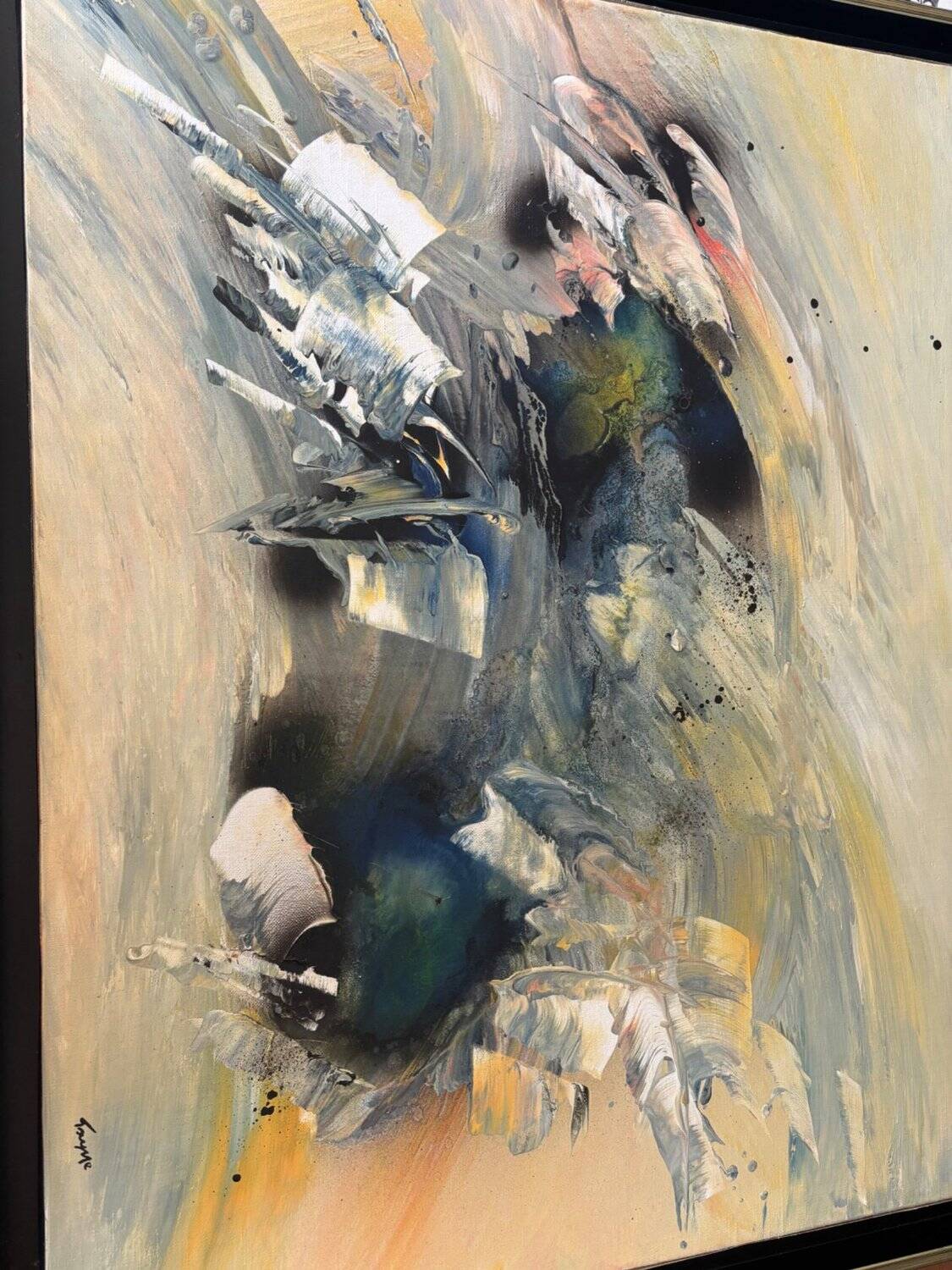 Abstract Lyrical Tableau Oil on Canvas Black and Gold Frame 1960s
