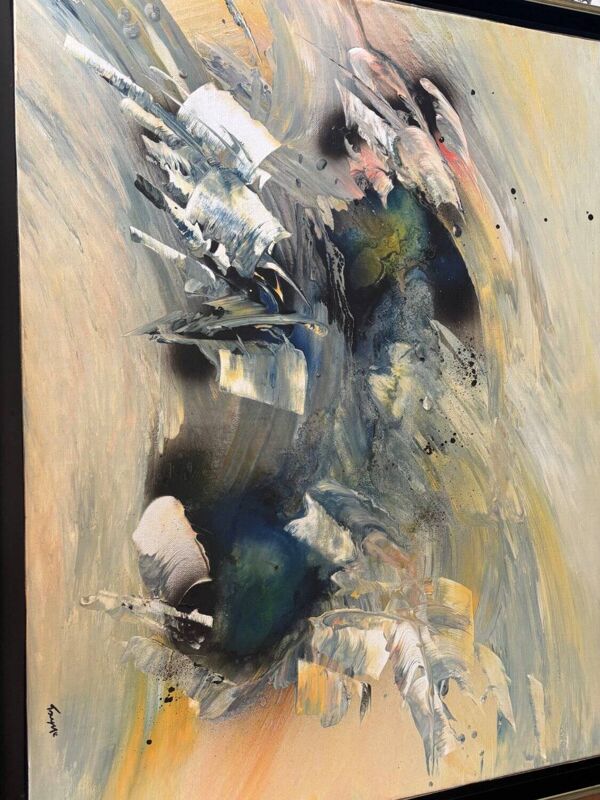 Tableau Abstrait Lyrique Huile sur Toile Cadre Noir Doré Années 60