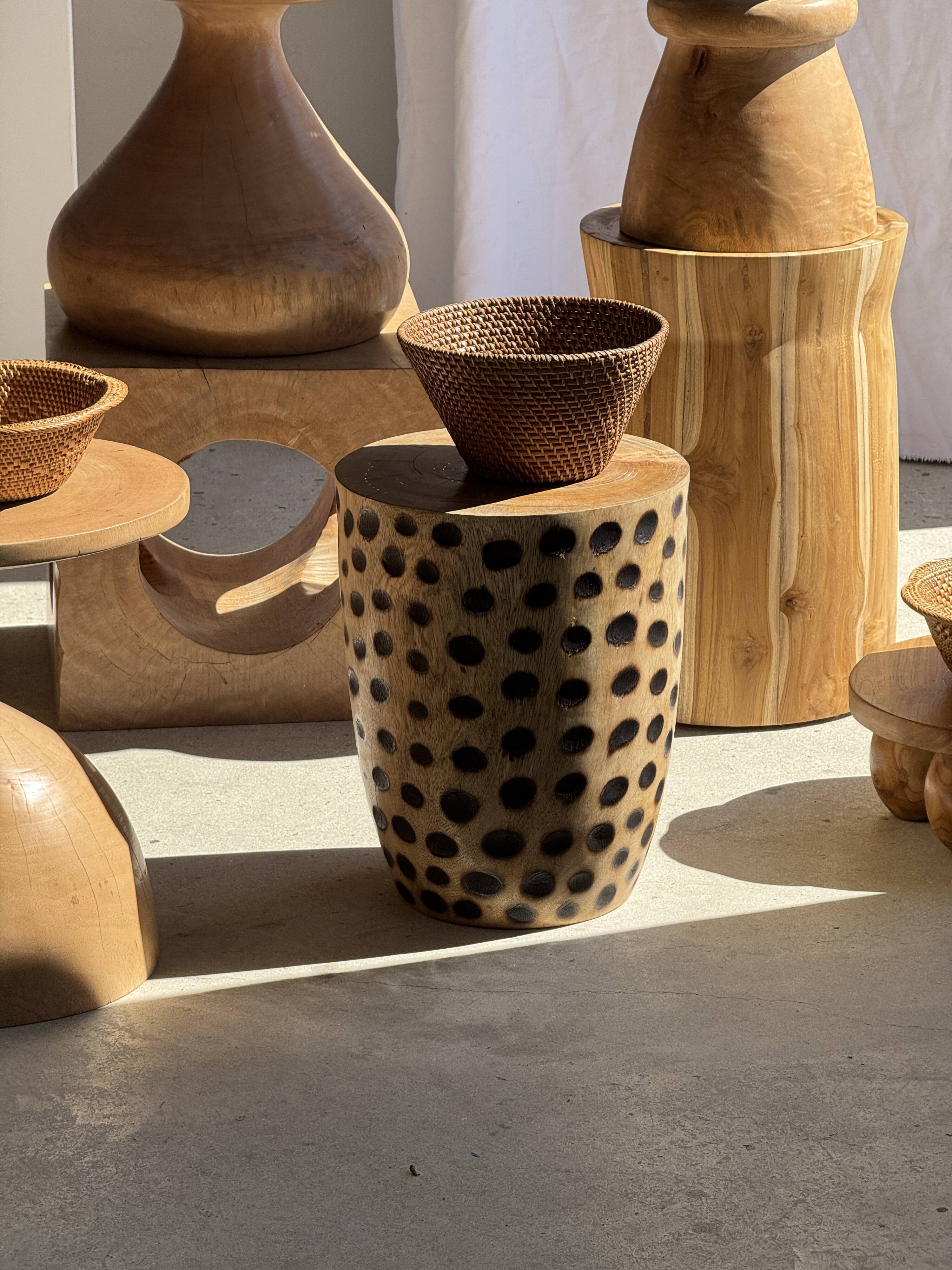 Stool, side table, cylindrical solid mango wood end table.