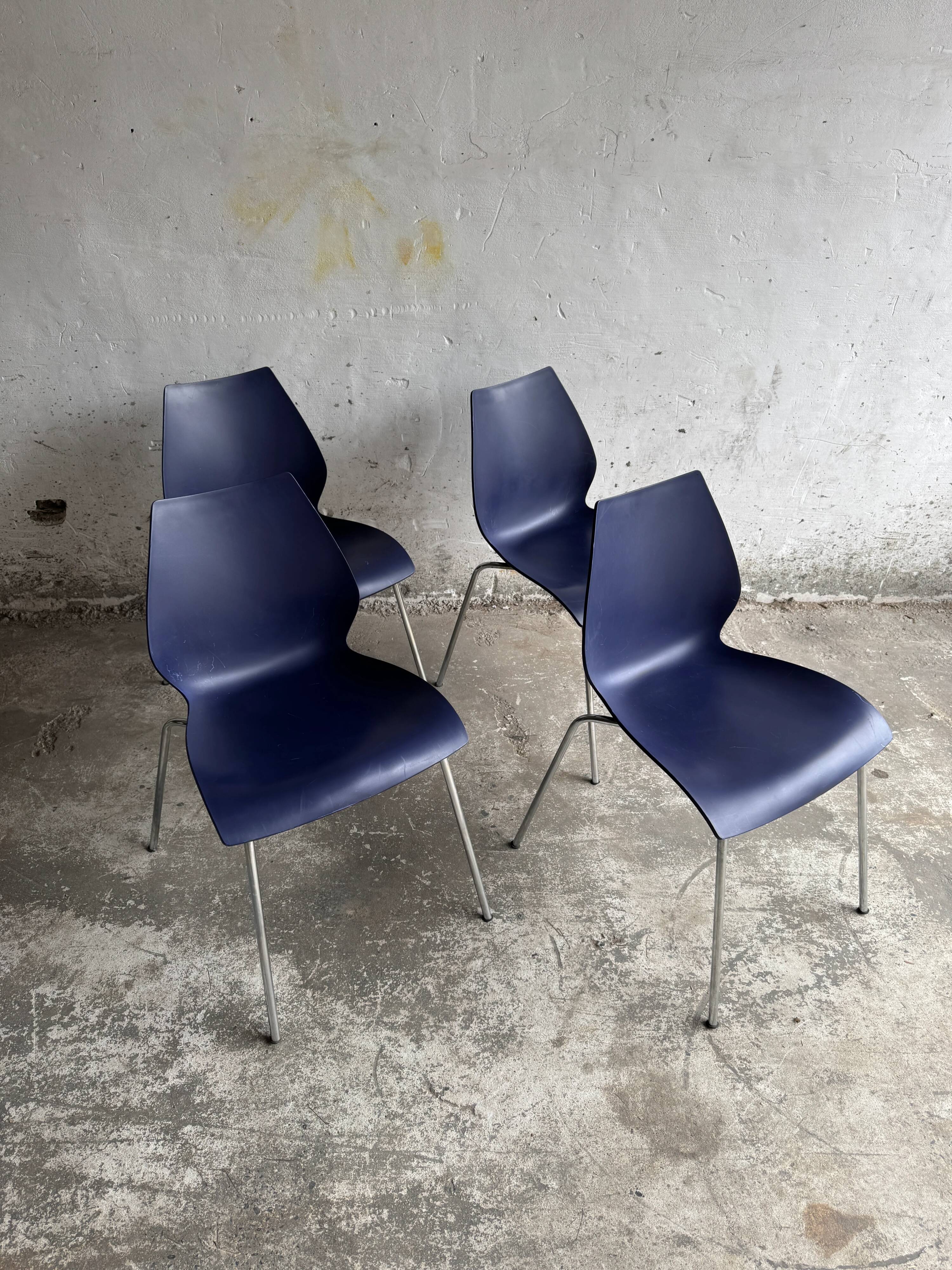 Set of 4 Kartell Maui Chairs — Navy Blue Polypropylene Seats, Chrome Legs, by Vico Magistretti