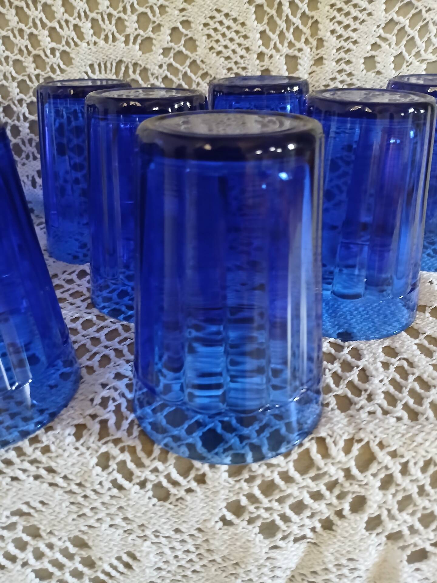 9 antique cobalt blue water glasses