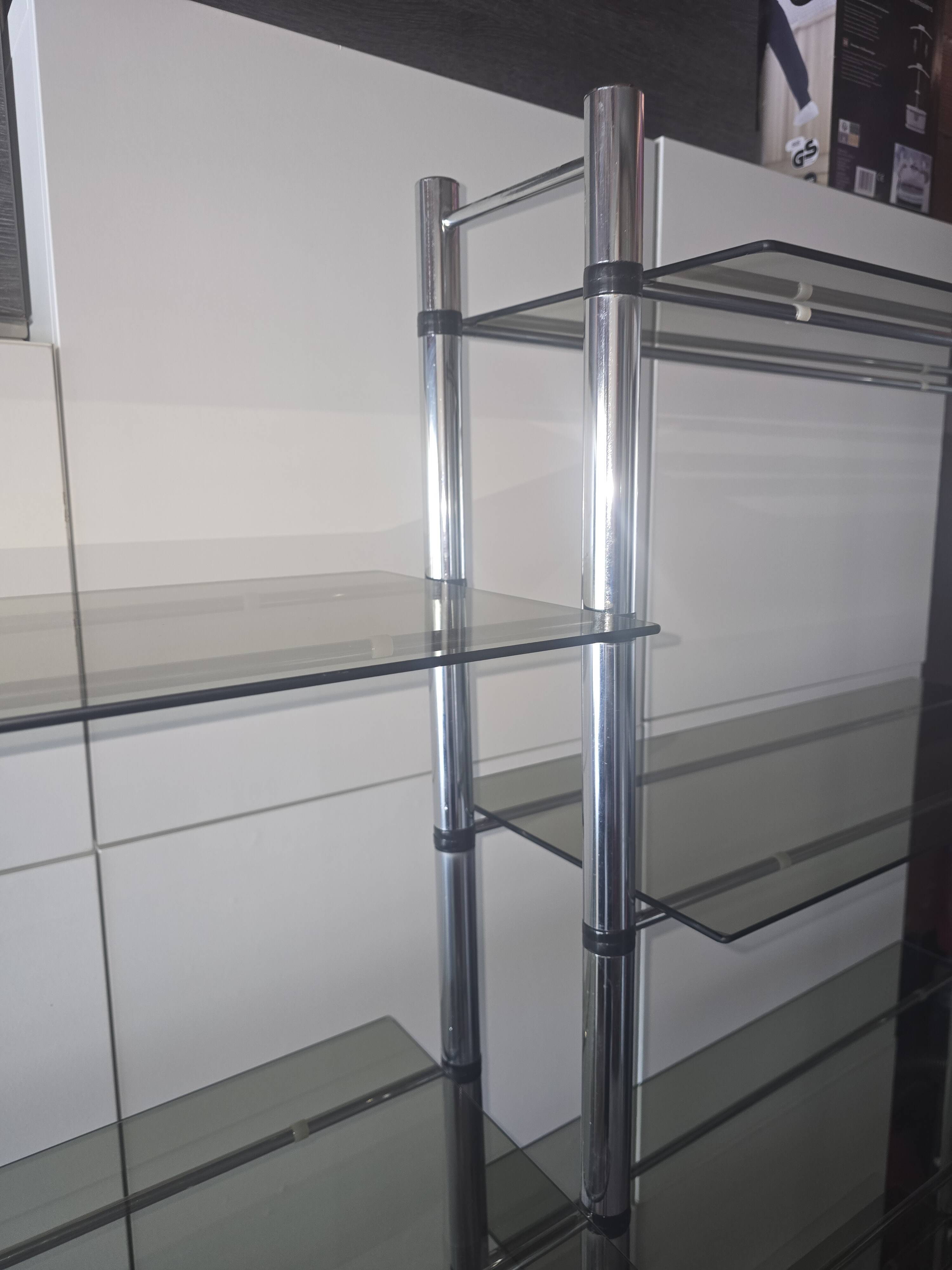 Large vintage double bookshelf from the 70s with chrome and smoked glass.