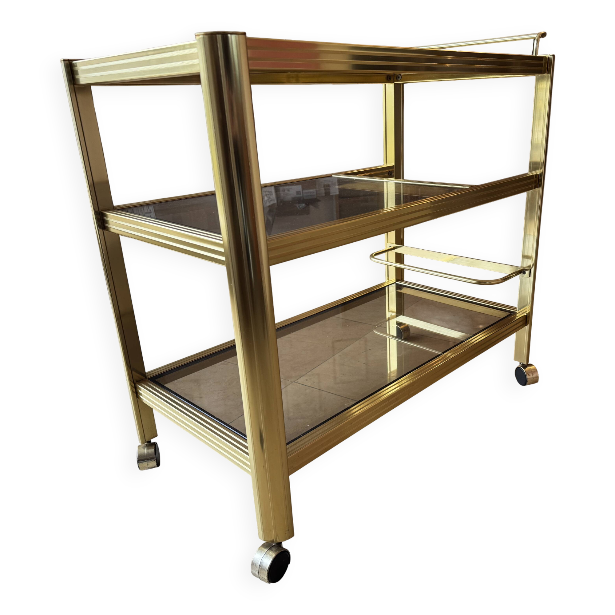Serving table with wheels, gold-plated brass, smoked glass