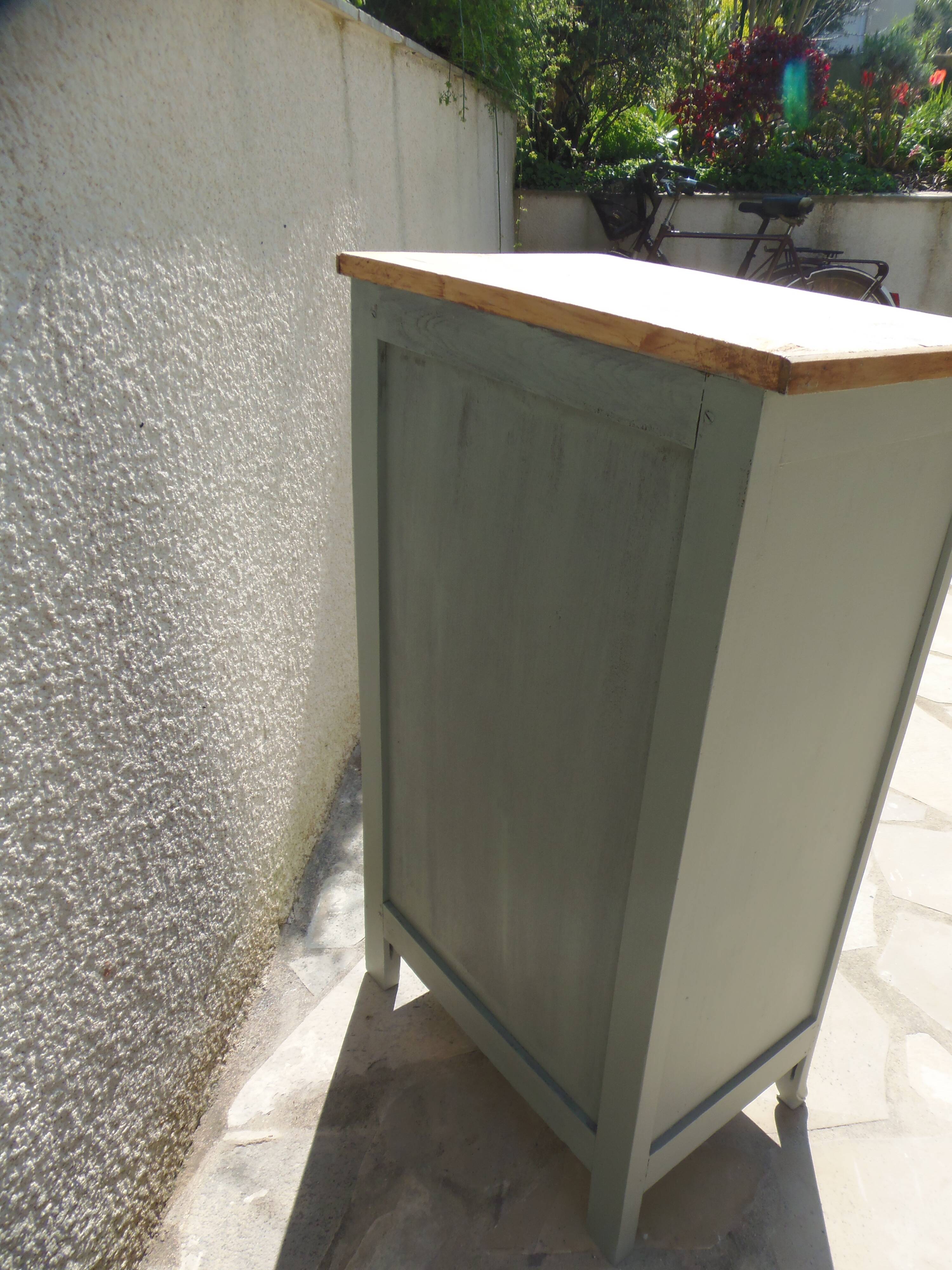 Vintage Parisian cupboard with 1 door, 1 drawer, reimagined in grey-green.