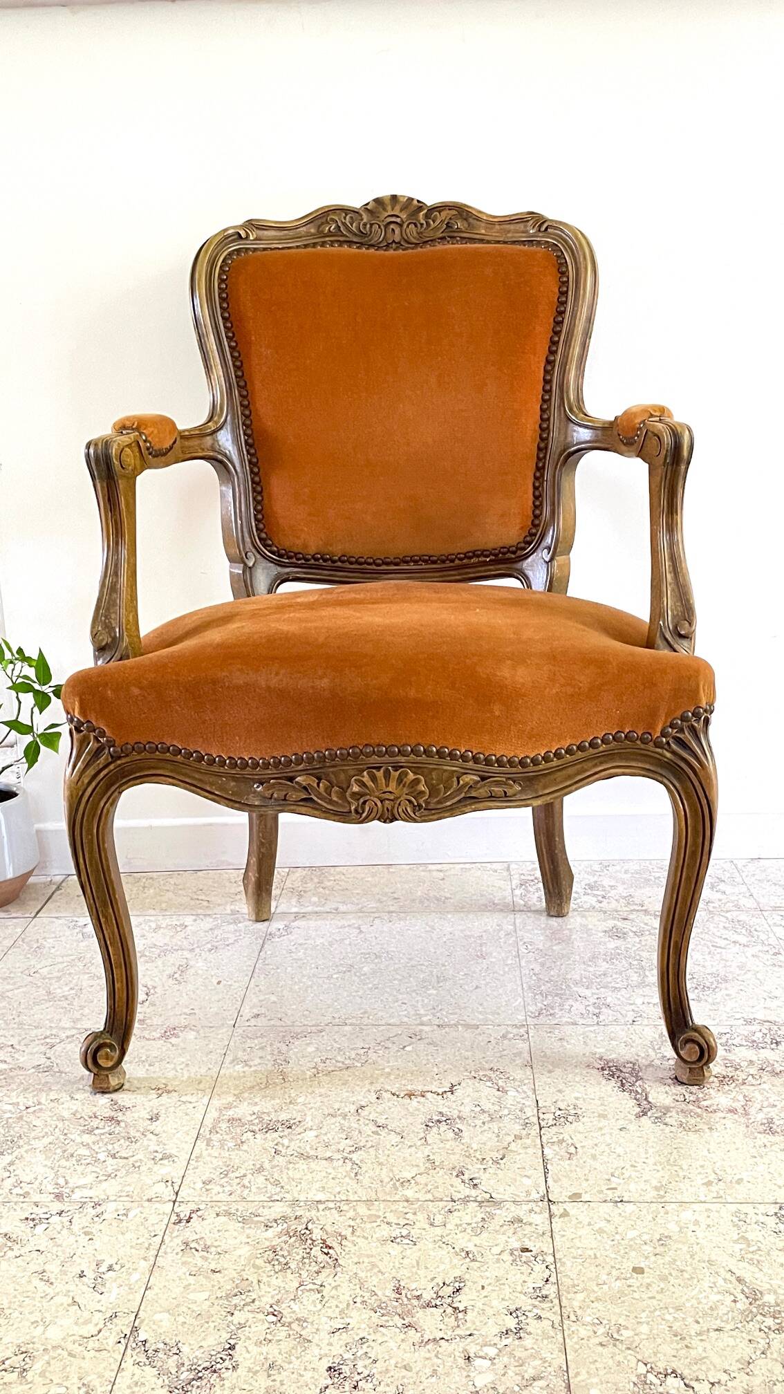 Vintage French Curry Velvet Cabriolet Armchair
