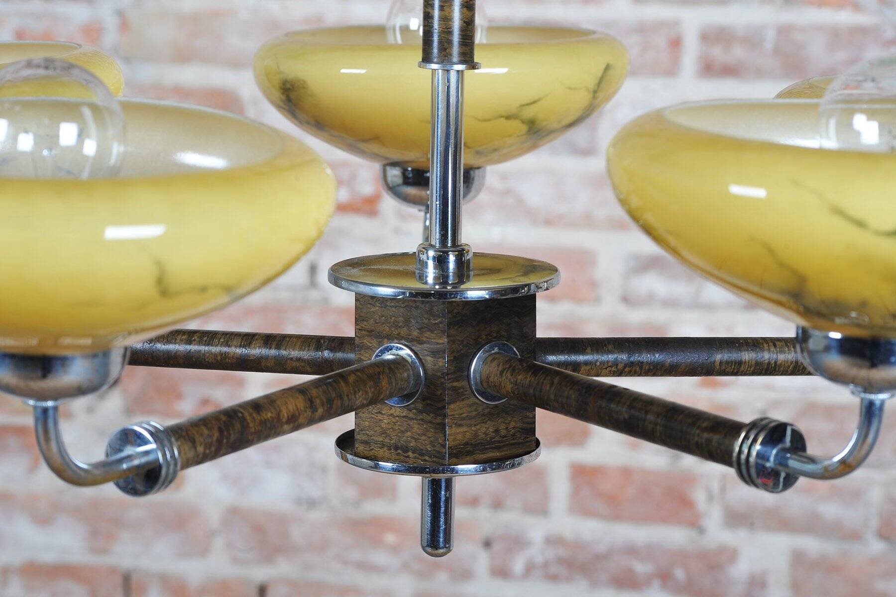 Art Deco Chandelier in Chrome, Beech, Walnut and Glass, Czech, 1920s