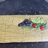 Rectangular cake dish in enameled ceramic, slip, fruit model, straw effect, vintage