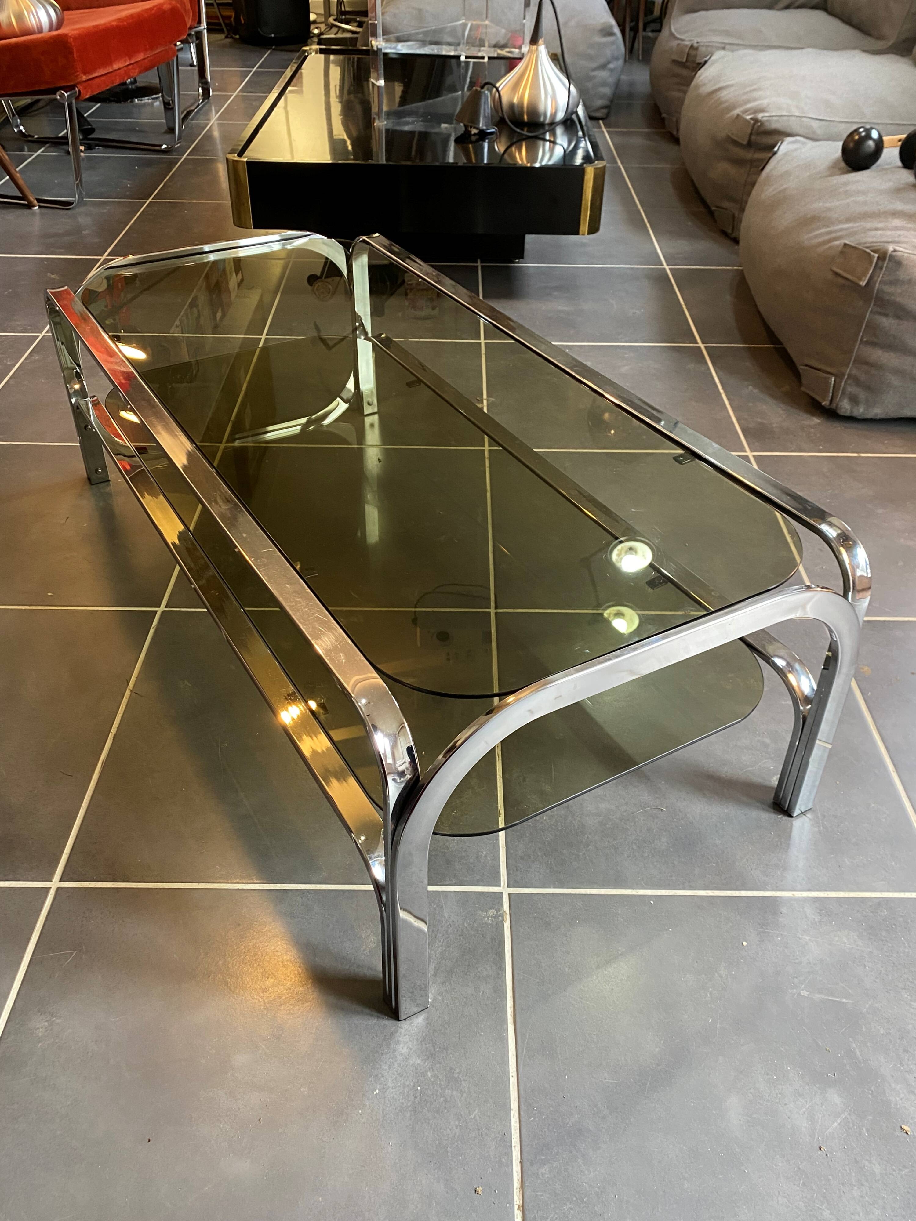 Table basse double plateau verre chrome style Bauhaus vintage 1970