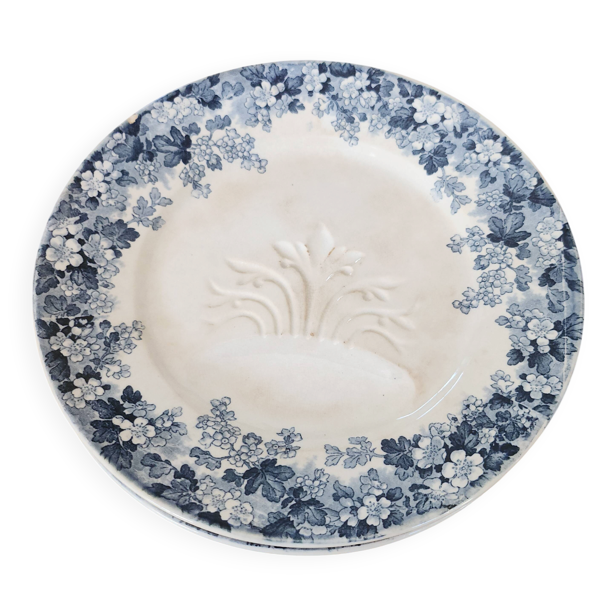 Pair of antique asparagus plates "Récamier" in Terre de Fer, Sarregue