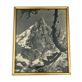 Old photo in black and white artistic mountain in golden frame