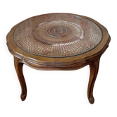 Table basse vintage en bois massif et cannage