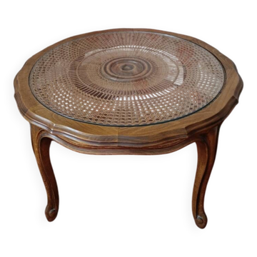 Table basse vintage en bois massif et cannage