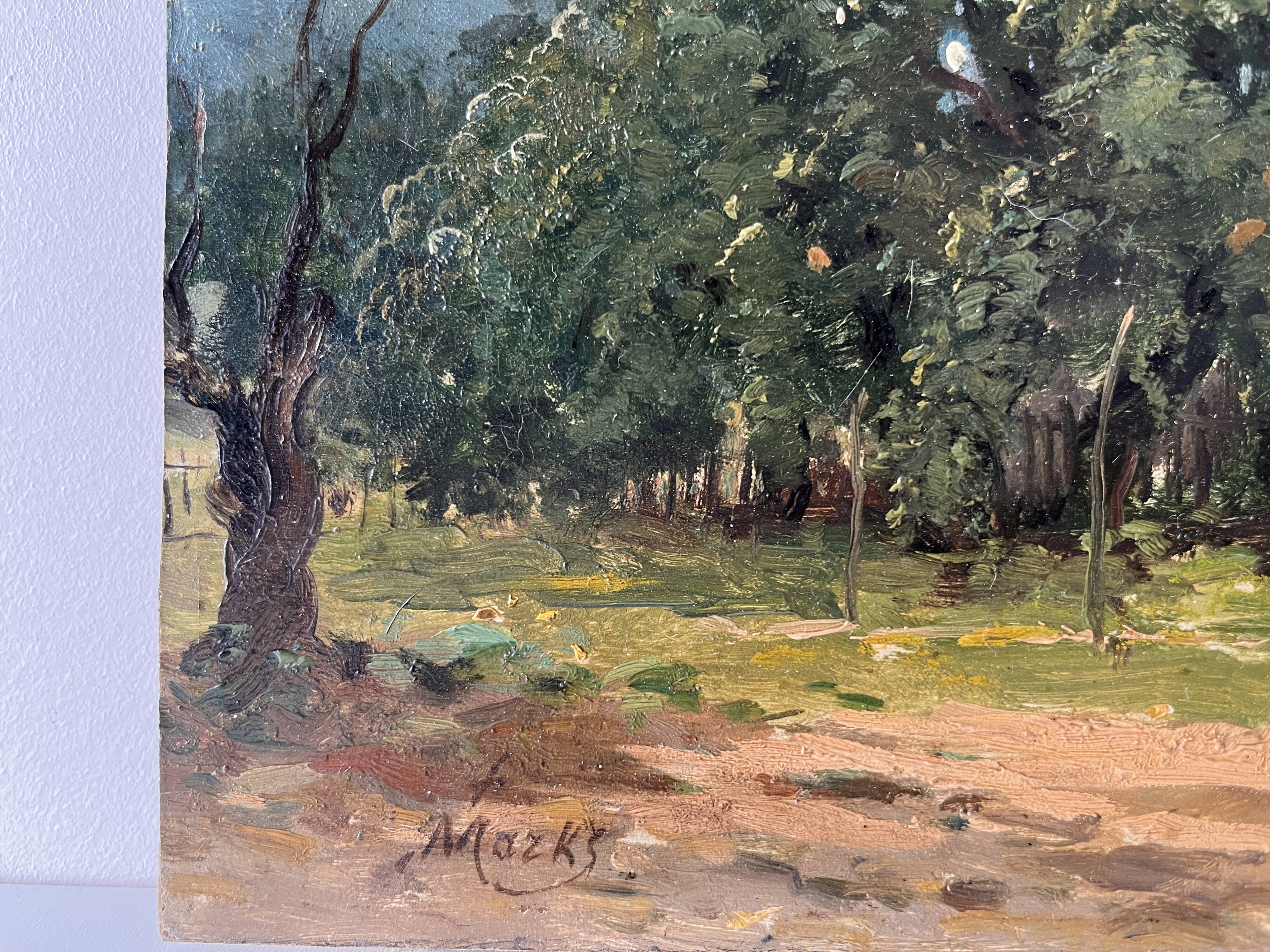 Oil painting of a countryside landscape circa 1920, rural scene signed.