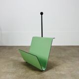 Postmodern magazine rack by Porada Arredi, green leather, 80s memphis