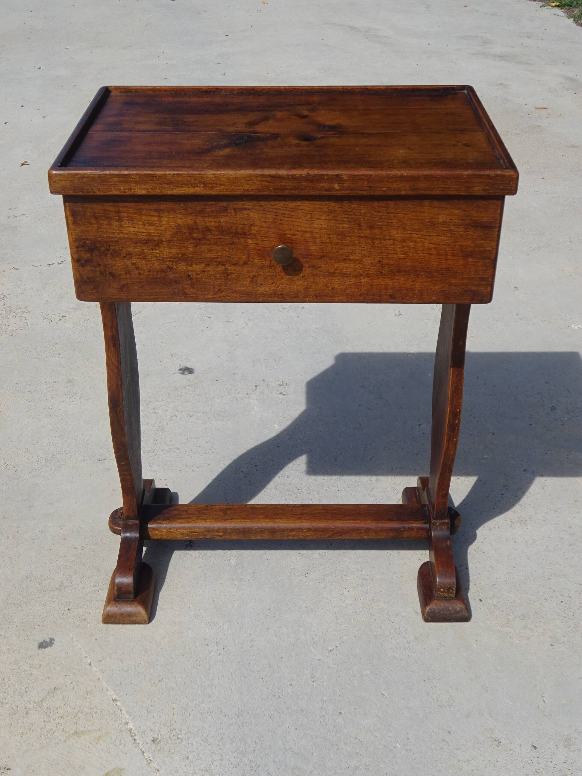 Bolster or end table with drawer, patina