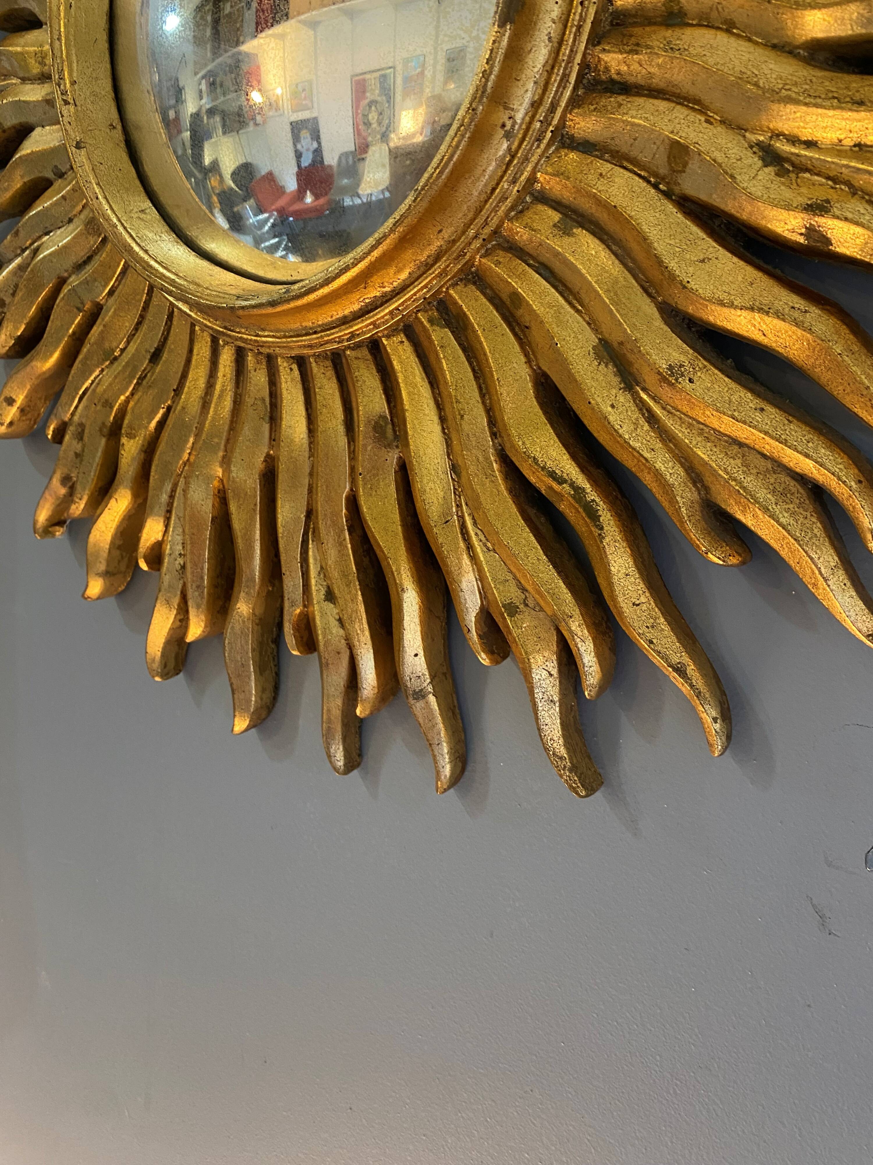 Large sunburst mirror, witch's eye shape, 50cm diameter, convex, vintage 1960s