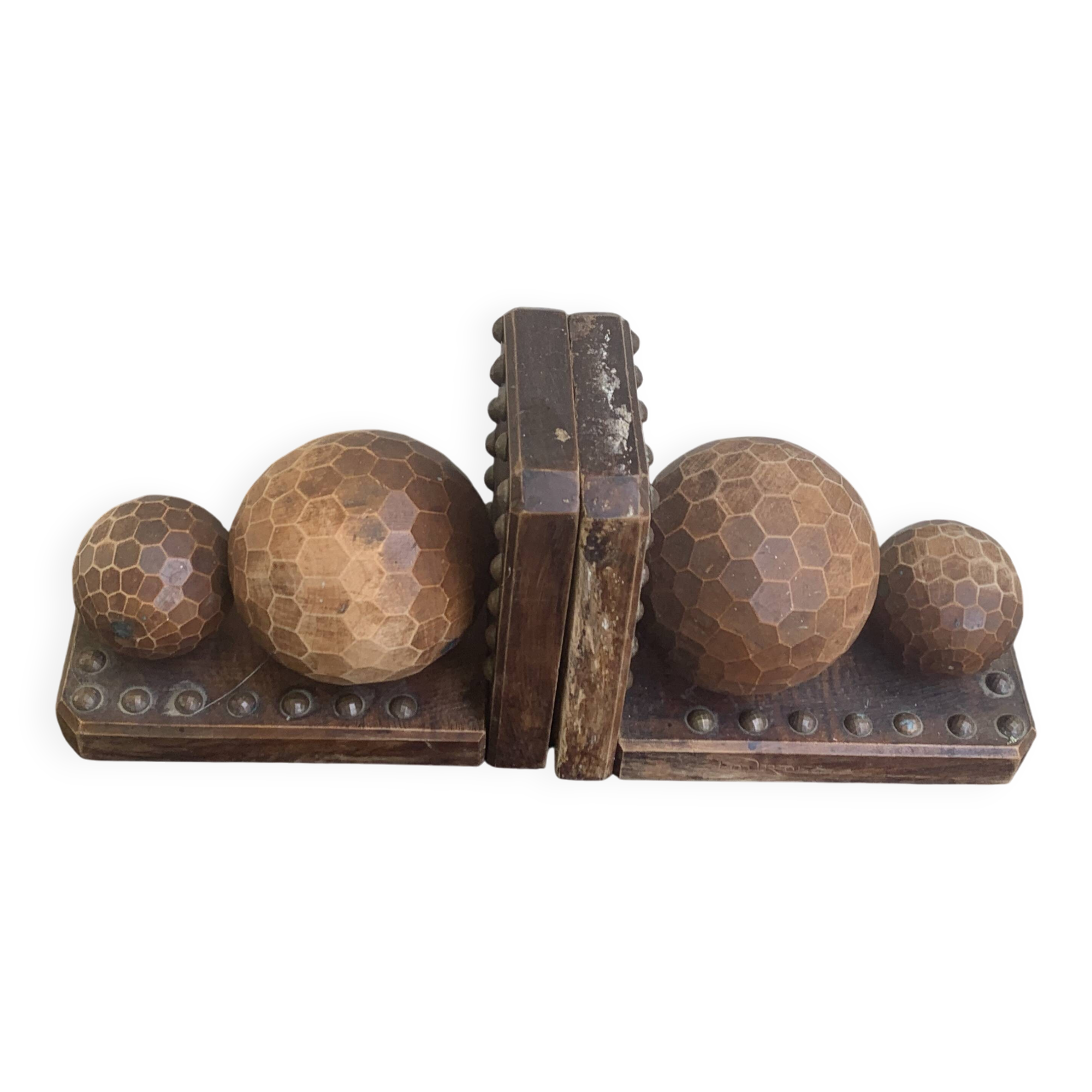 Pair of vintage carved wood and metal ball bookends