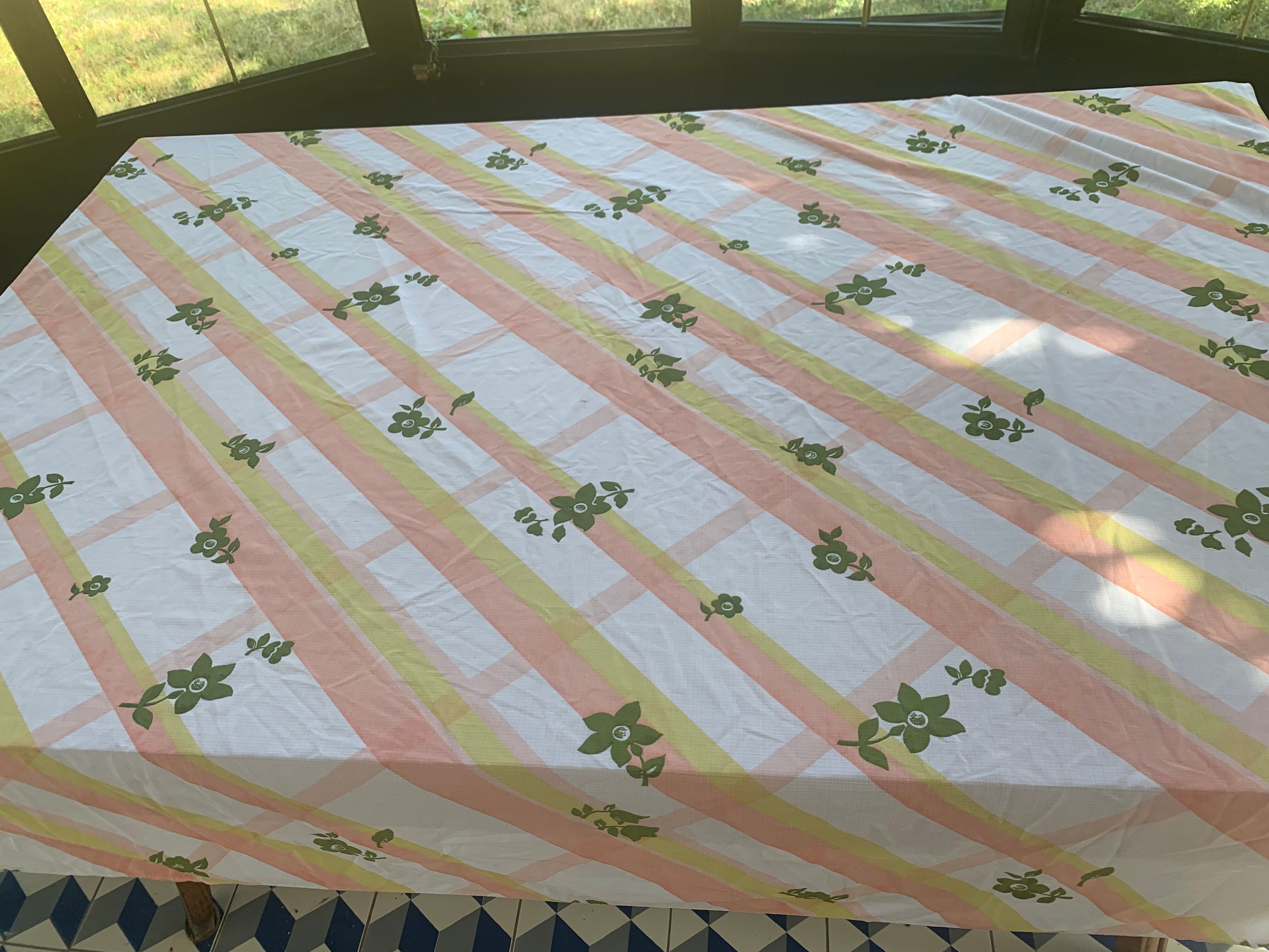 Tergal tablecloth with orange stripes and vintage khaki flowers 1970