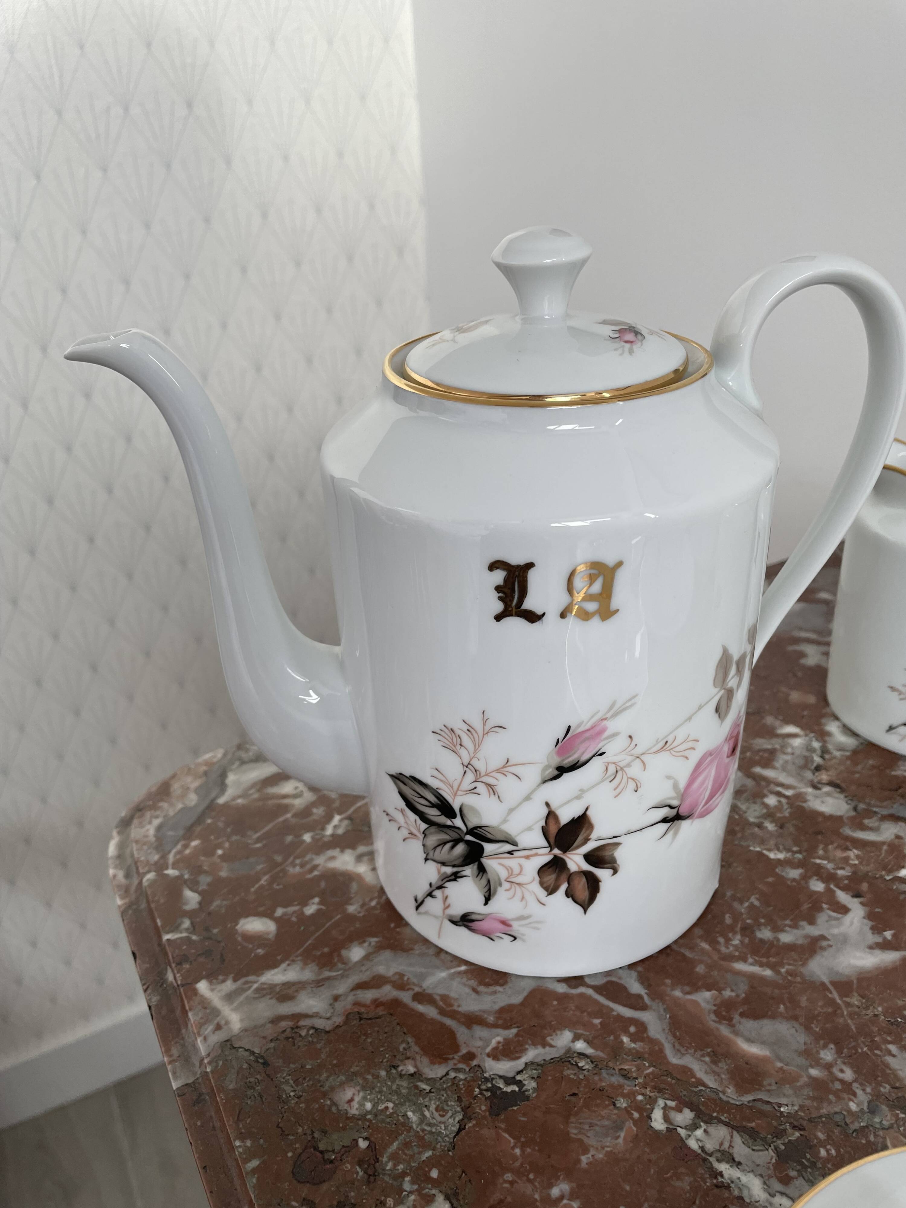 Vintage, coffee service, tea, Limoges, Flowers, cipher, 11 cups and under cups, teapot, 27 pieces