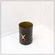 Brown leather wastepaper basket with decorative gold metal buckle.