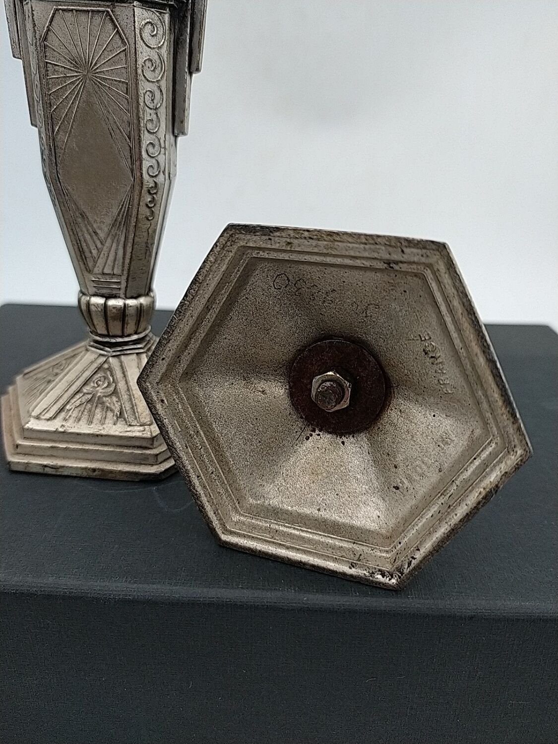 Art Deco metal candle holders.