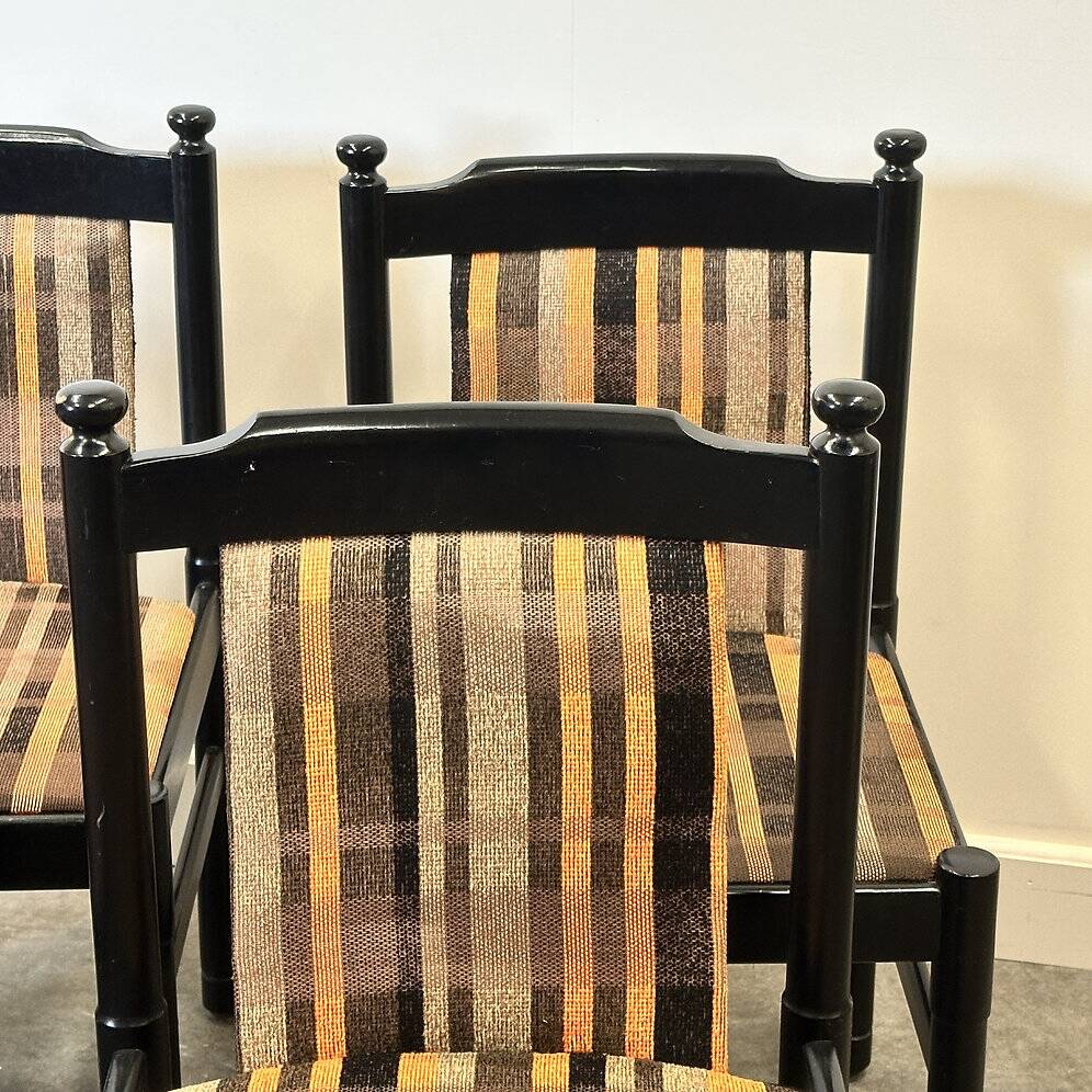 Set of 6 black lacquered chairs with the original 1970s fabric.