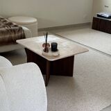 Rectangular coffee table in travertine and dark oak.