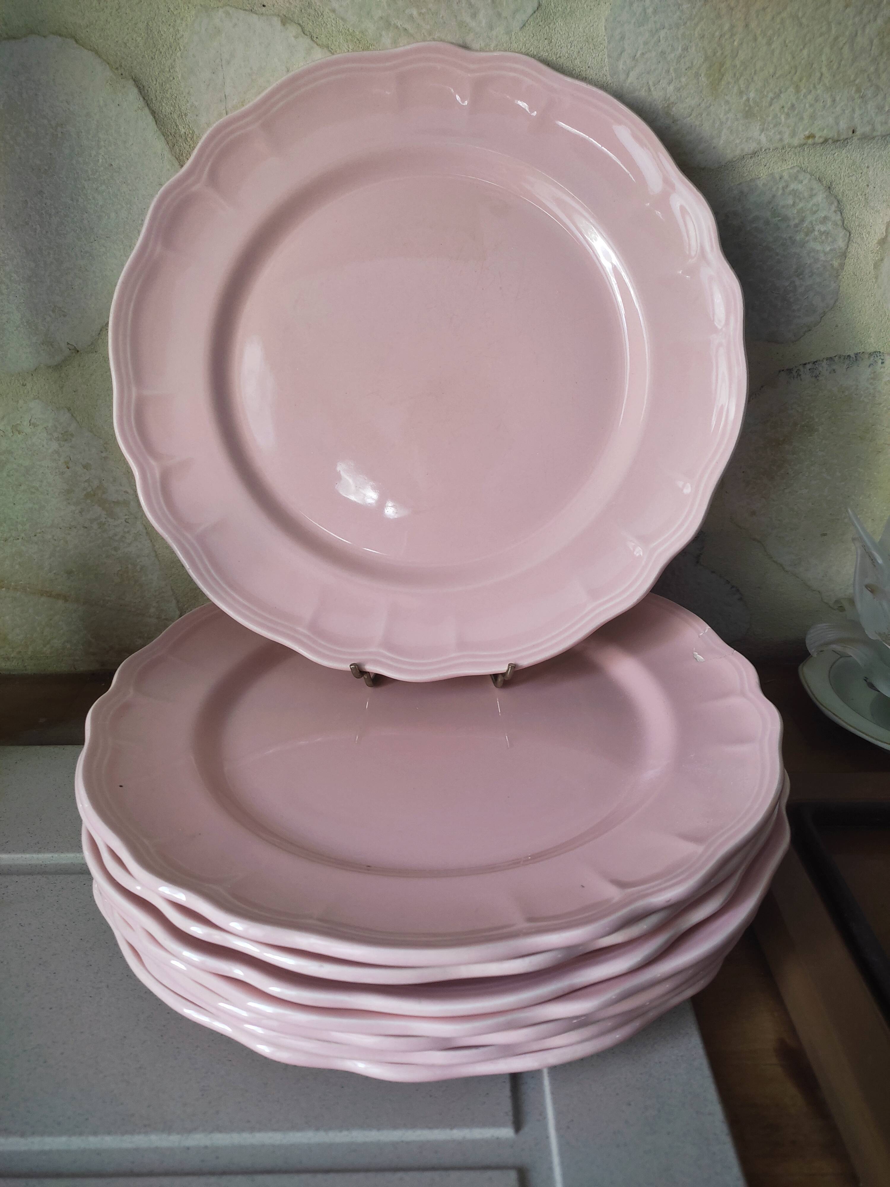 6 flat plates in pink earthenware by Salins