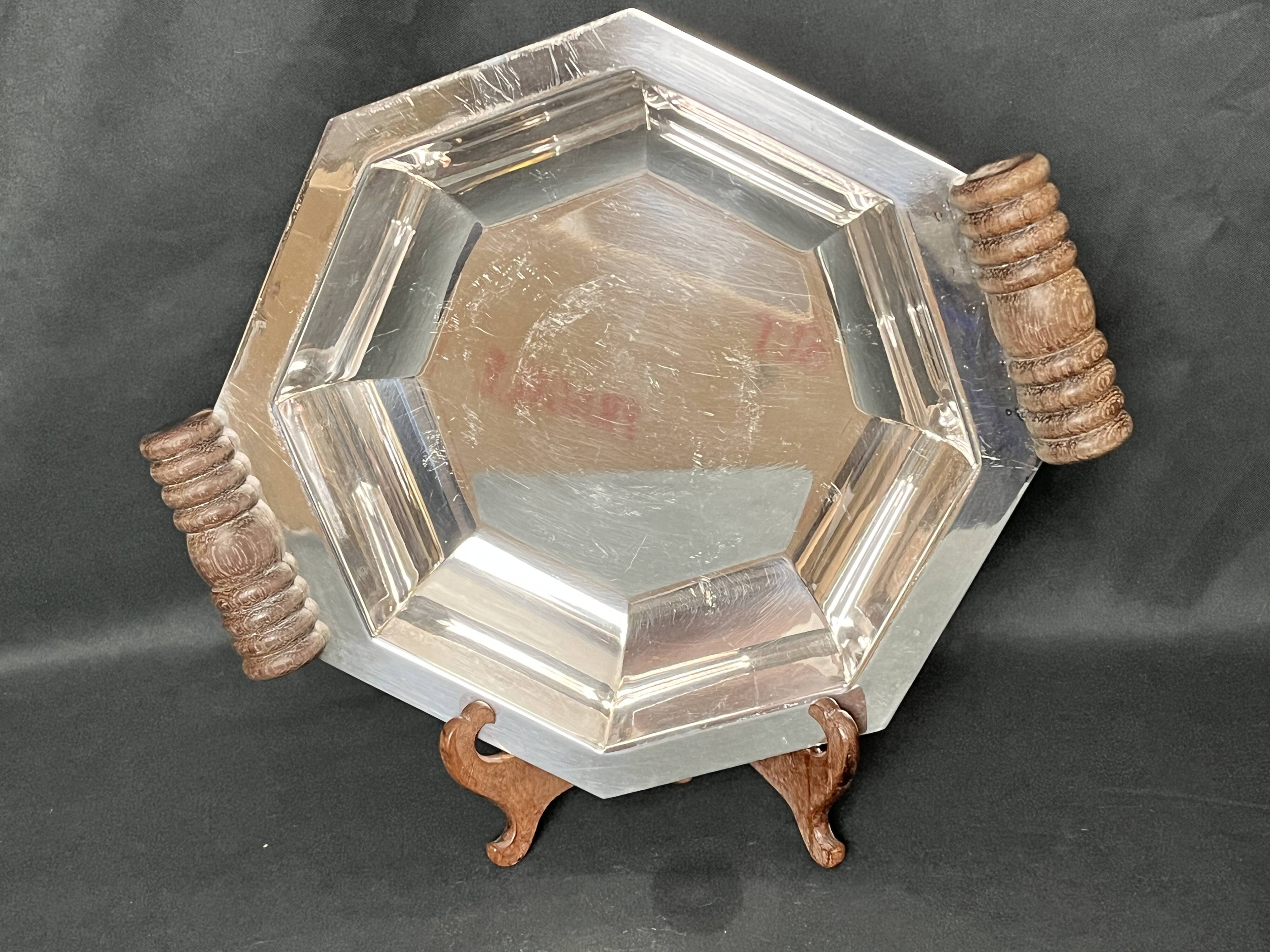 Art deco, Hexagonal cut silver metal socket wood 1930