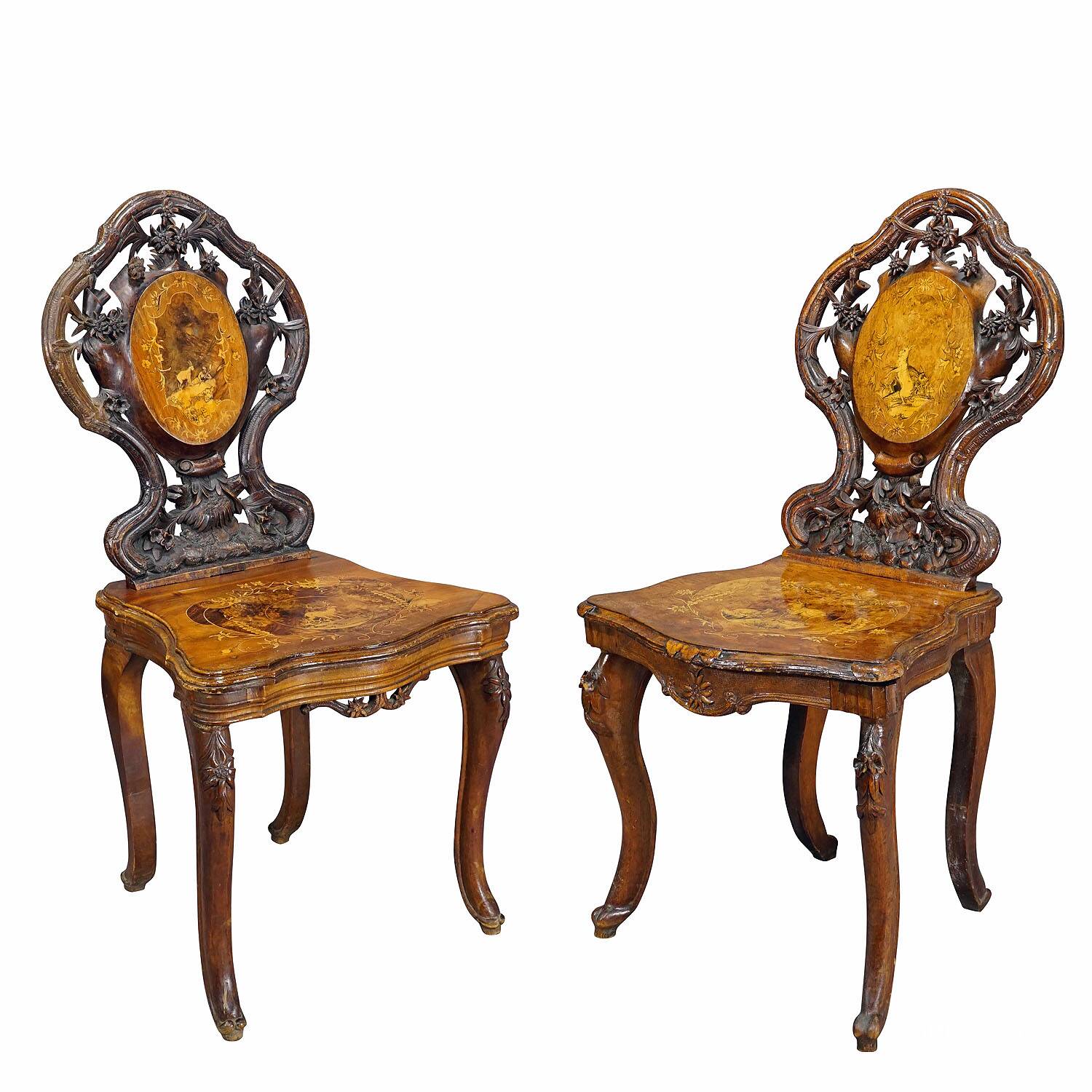 Pair of walnut chairs with Edelweiss marquetry, Brienz Switzerland 1900