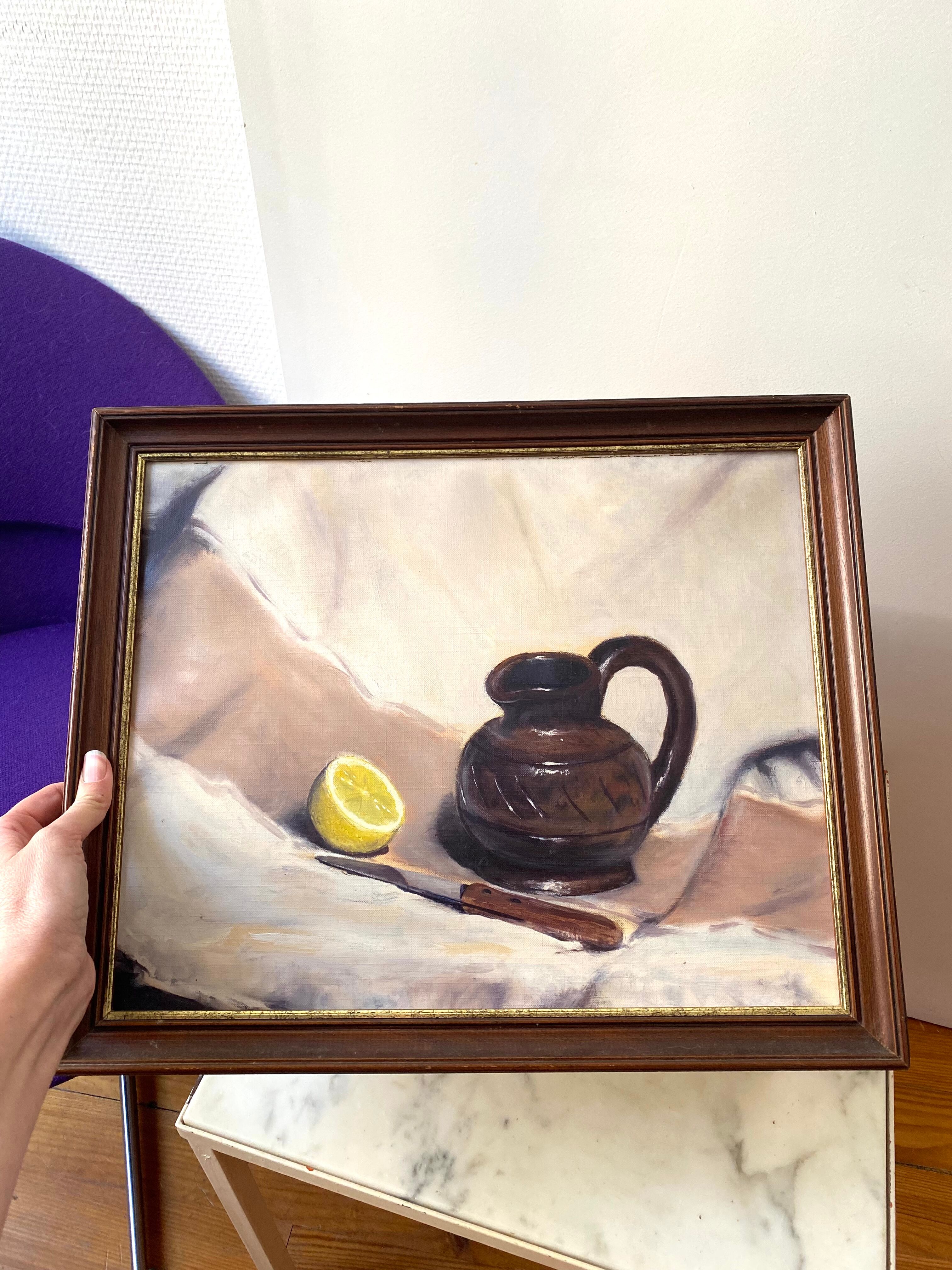 Oil painting still life with vintage lemon