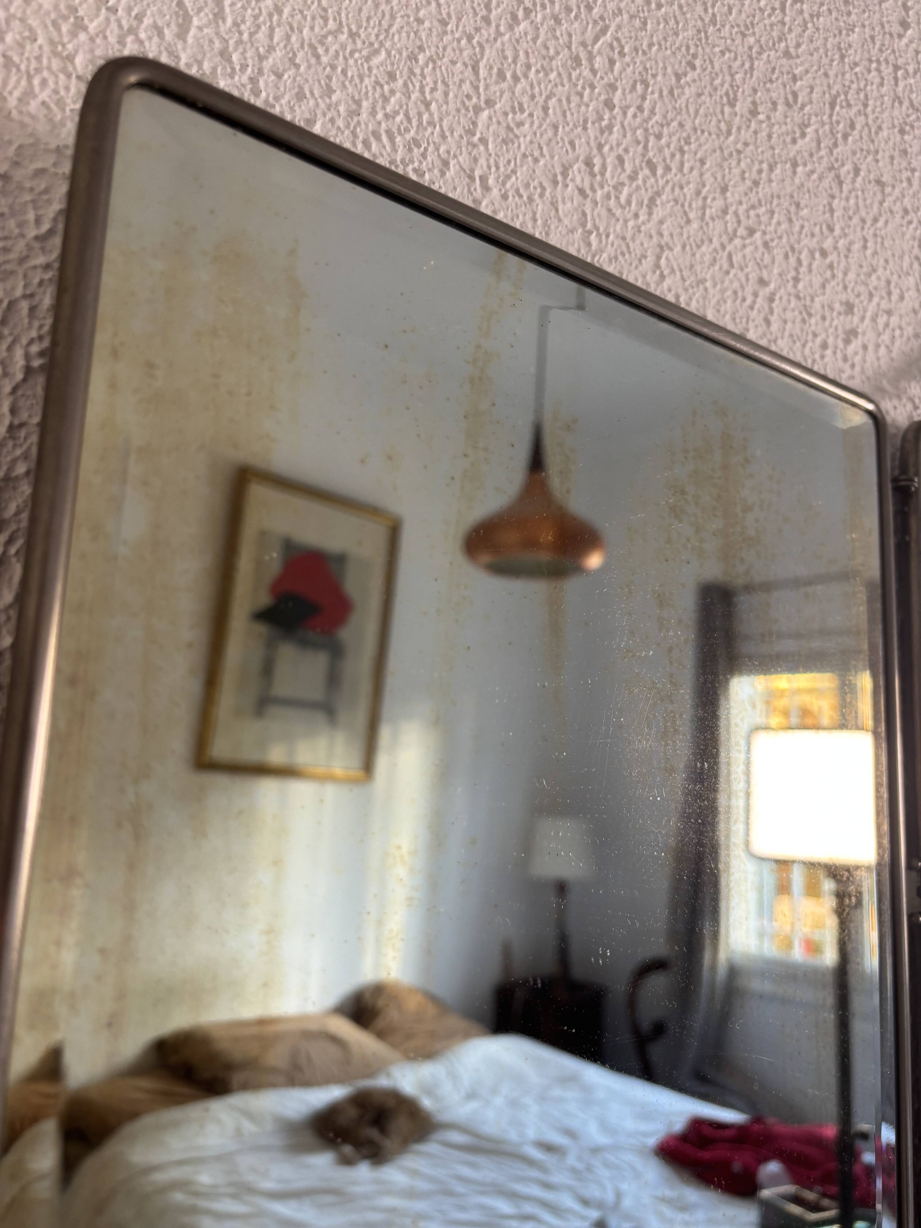 Vintage 1930s triptych barber mirror in black faux crocodile leather - 33 x 84 cm