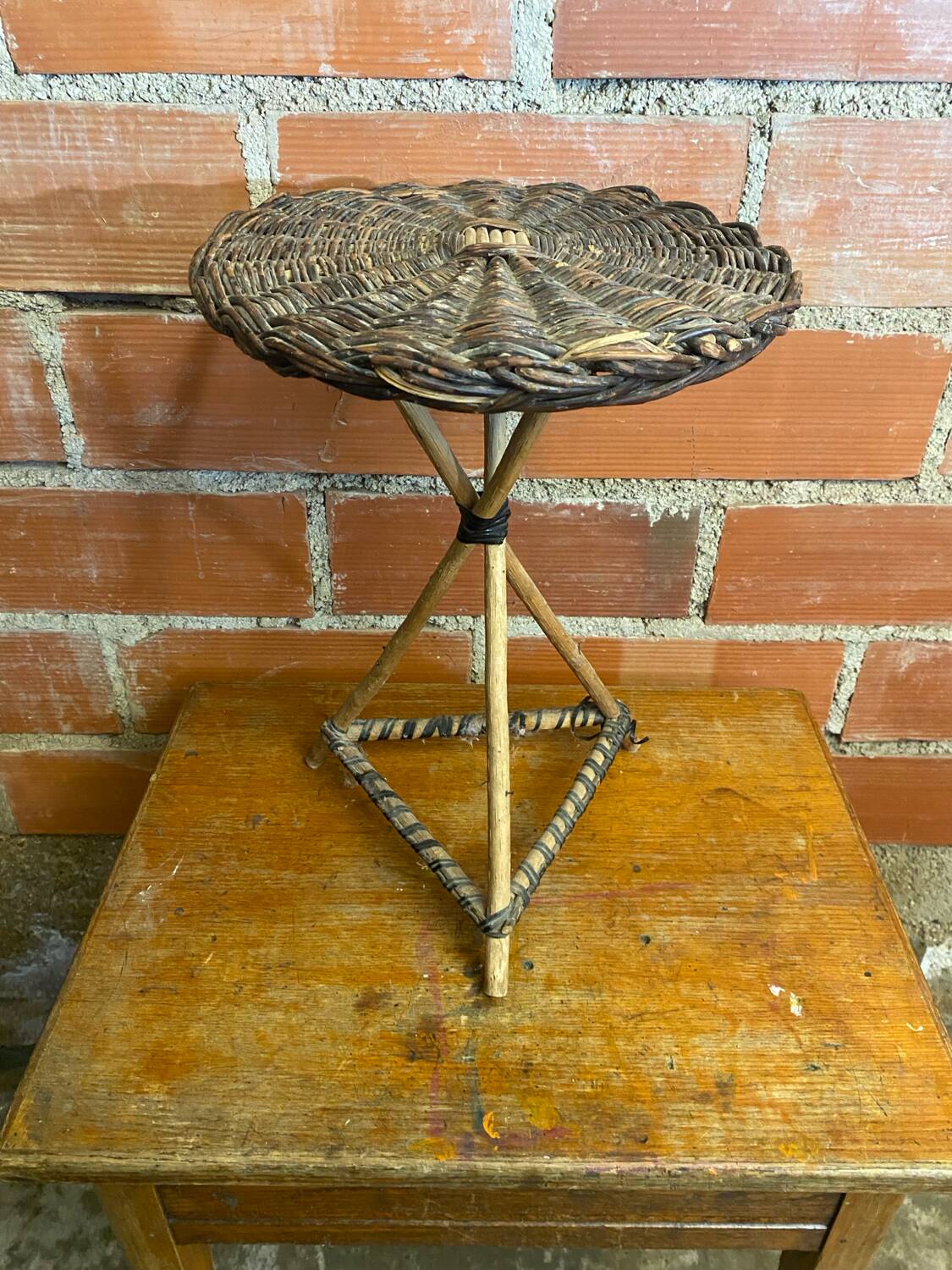 Vintage wooden tripod side table + woven wicker top