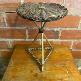 Vintage wooden tripod side table + woven wicker top
