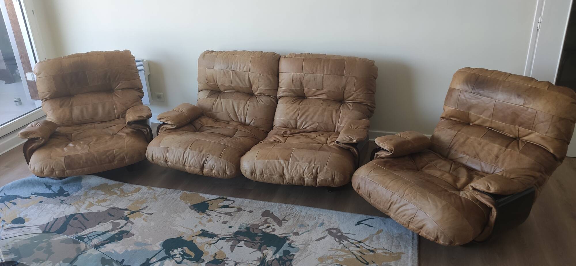 Marsala Leather Sofa + 2 Armchairs by Michel Ducaroy - ROSET 1970s