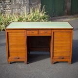 Wooden desk with curtains and sliding drawers, storage unit, vintage desk
