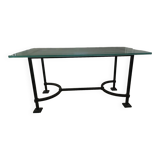 Table plateau en verre et pieds en fer forgé