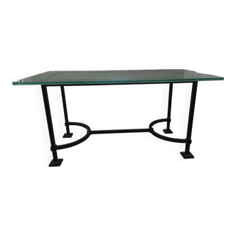 Glass top table, designer wrought iron legs