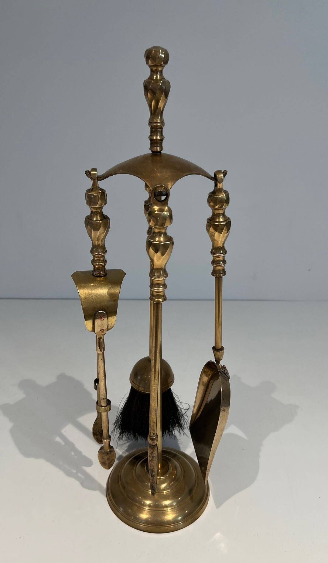 Neoclassical Brass Fire Tool Set with Arch and Ornate Balls.