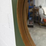 Unusual round wall mirror 60 cm teak edge on green rectangular board 1960.