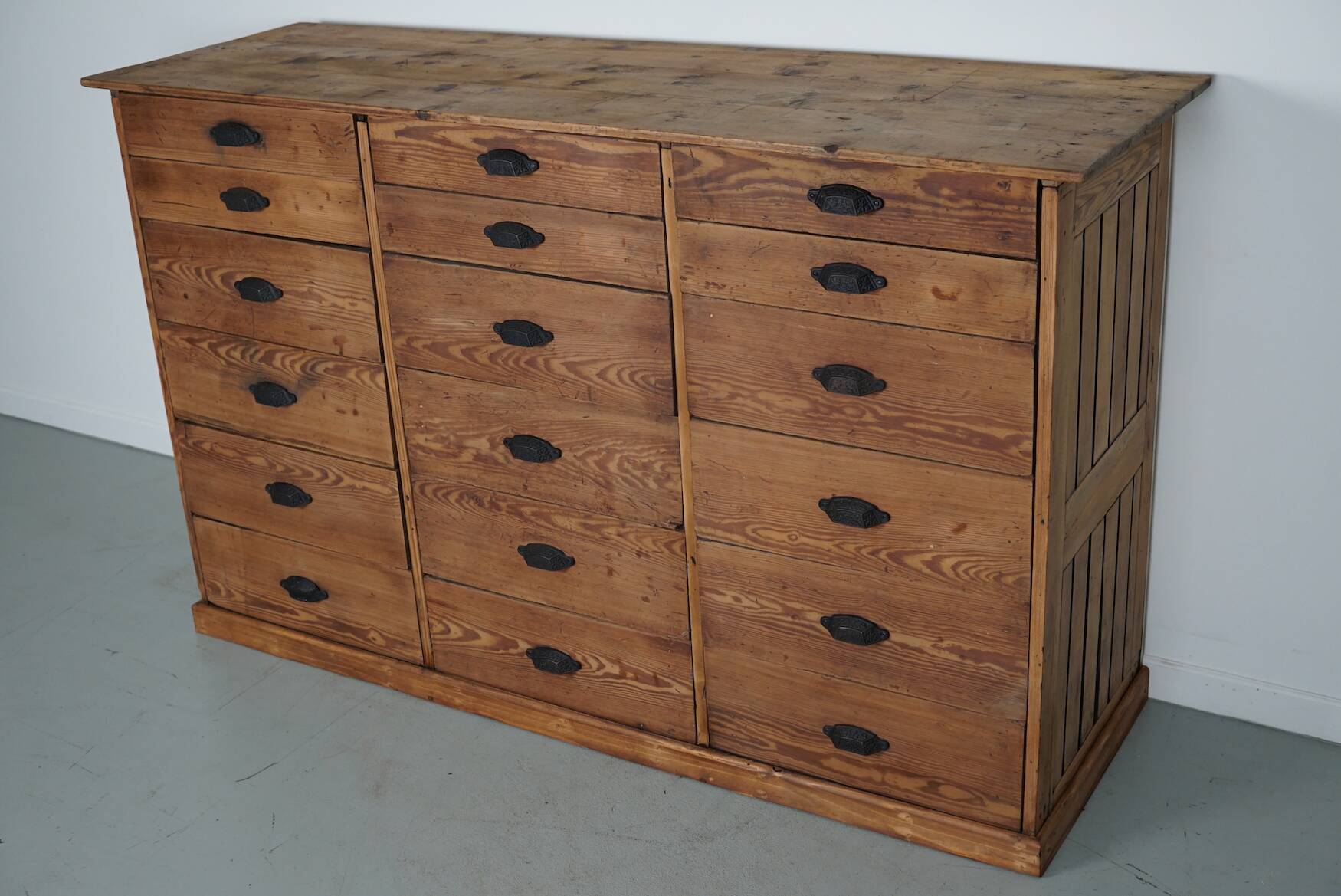 Antique Rustic German Pine Apothecary Cabinet / Bank of Drawers, 1900s