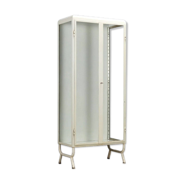 Antique enamelled iron and glass display cabinet, Italy, 20th century
