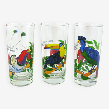 3 verres à orangeade  décor oiseaux exotiques - VMC Reims France - vintage années 70