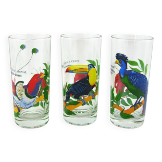 3 orangeade glasses decorated with exotic birds - VMC Reims France - vintage 70s